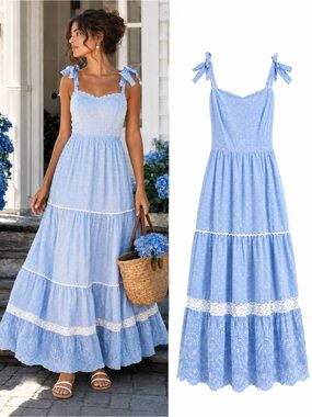 Shabby Chic Blue Swiss Dot Eyelet Maxi Dress Tie Shoulder Cottagecore Size 2